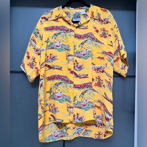 Avanti Vintage 100% Silk Hawaiian Shirt Large | Yellow Aviation Waikiki Print
